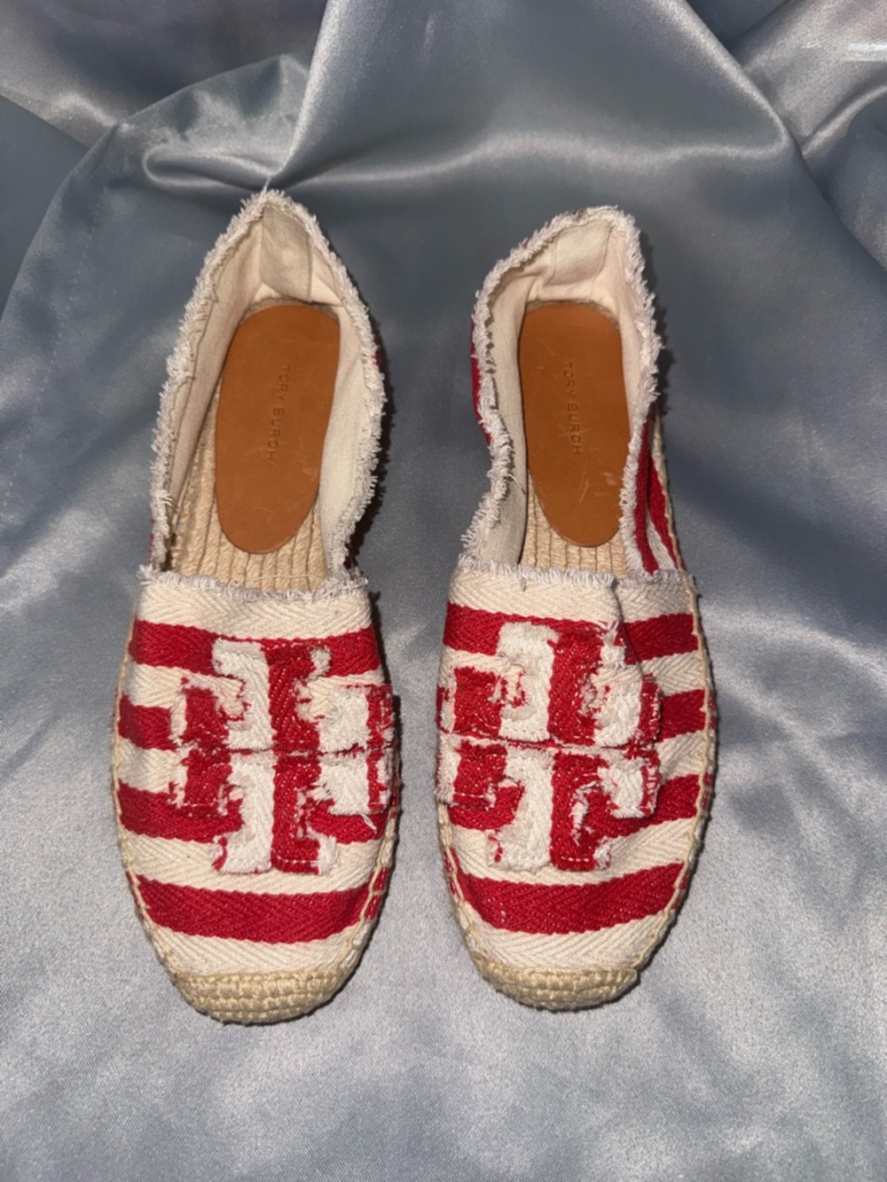 Tory Burch Red and White Logo Espadrille Flats